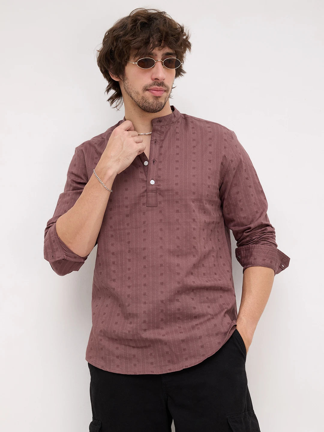 Iconic Rosewood Brown Dobby Striped Kurta