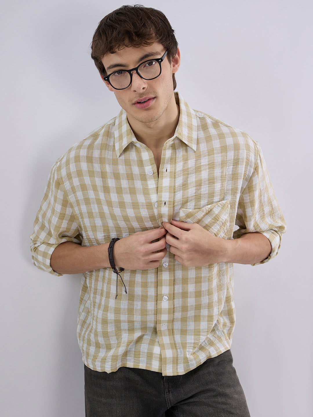 Soft Olive Gingham Checks Crinkled Boxy Fit Crop Shirt