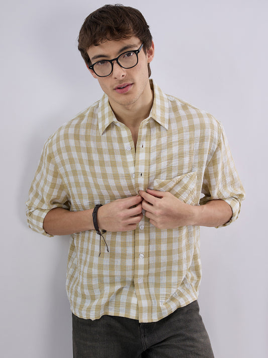 Soft Olive Gingham Checks Crinkled Boxy Fit Crop Shirt