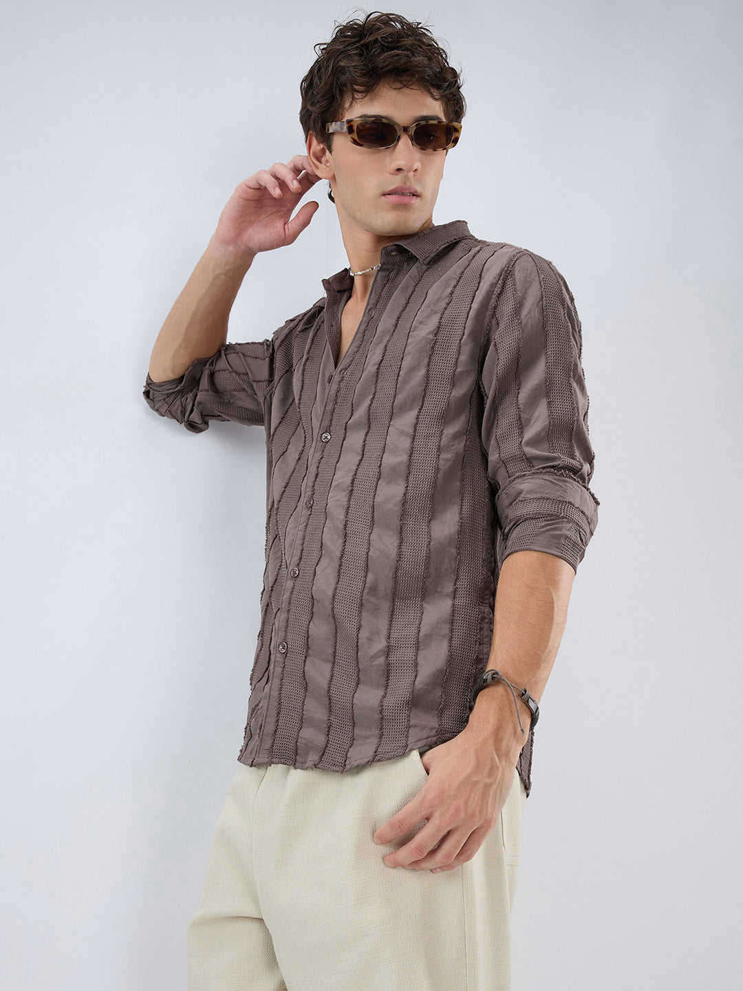 Chocolate Brown Frayed Panelled Waffle Textured Shirt