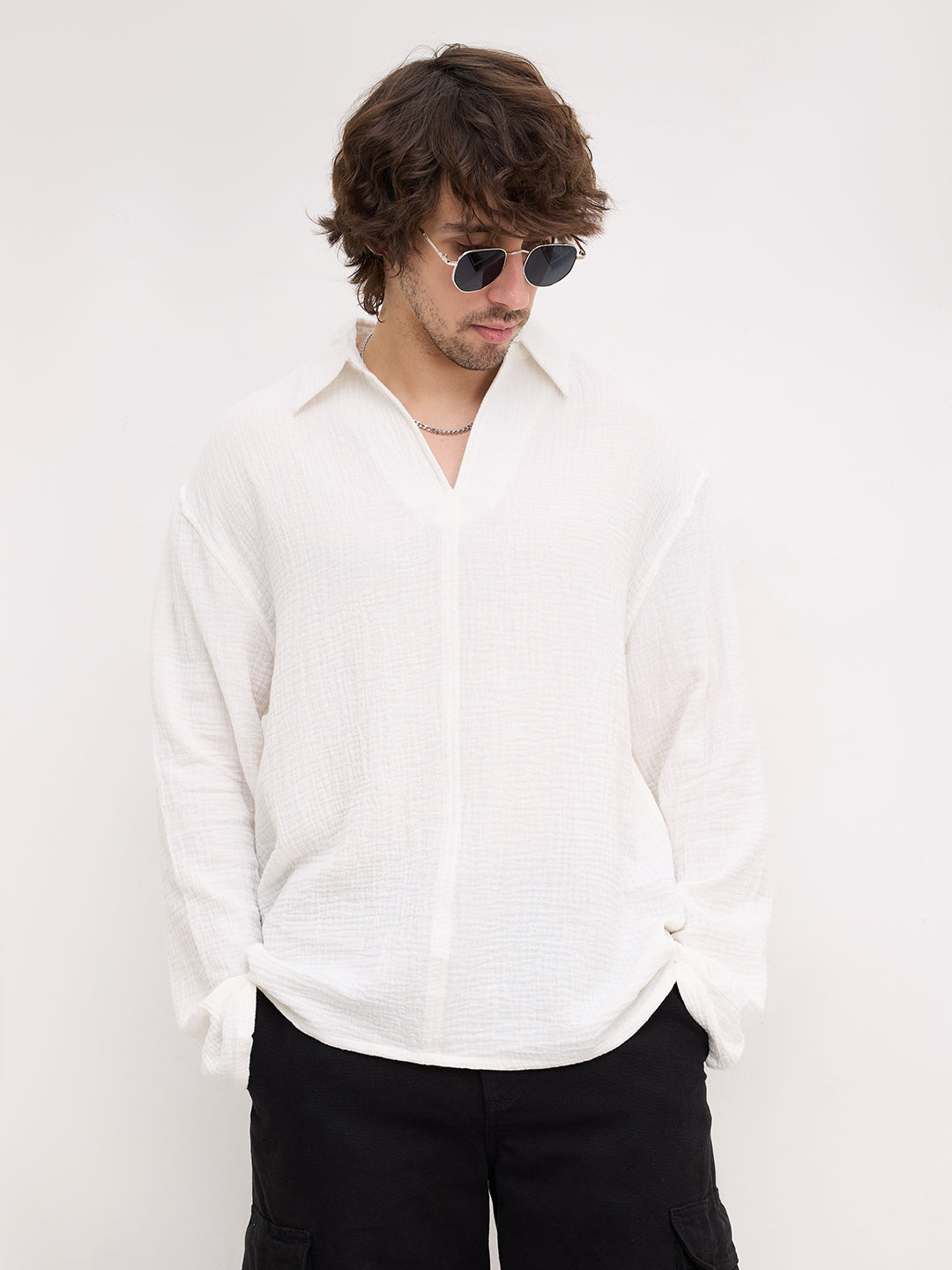 Snow White Double Cloth Center Seam Oversized Polo Shirt