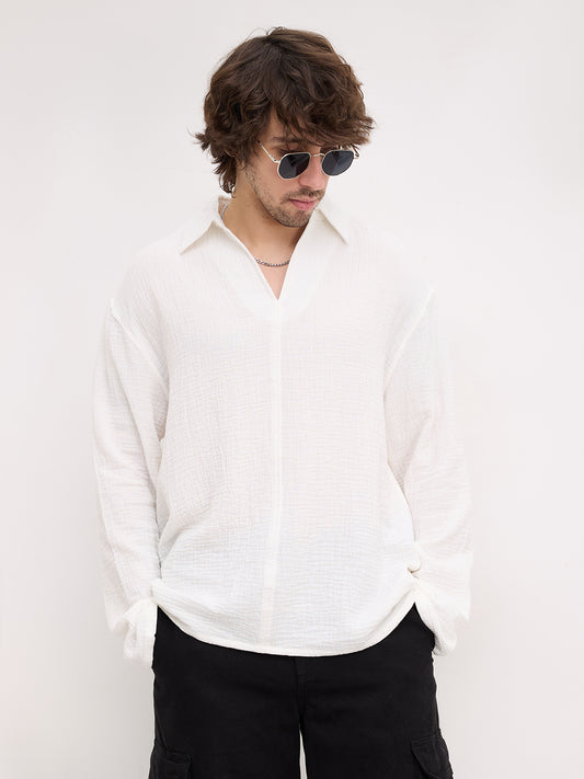 Snow White Double Cloth Center Seam Oversized Polo Shirt