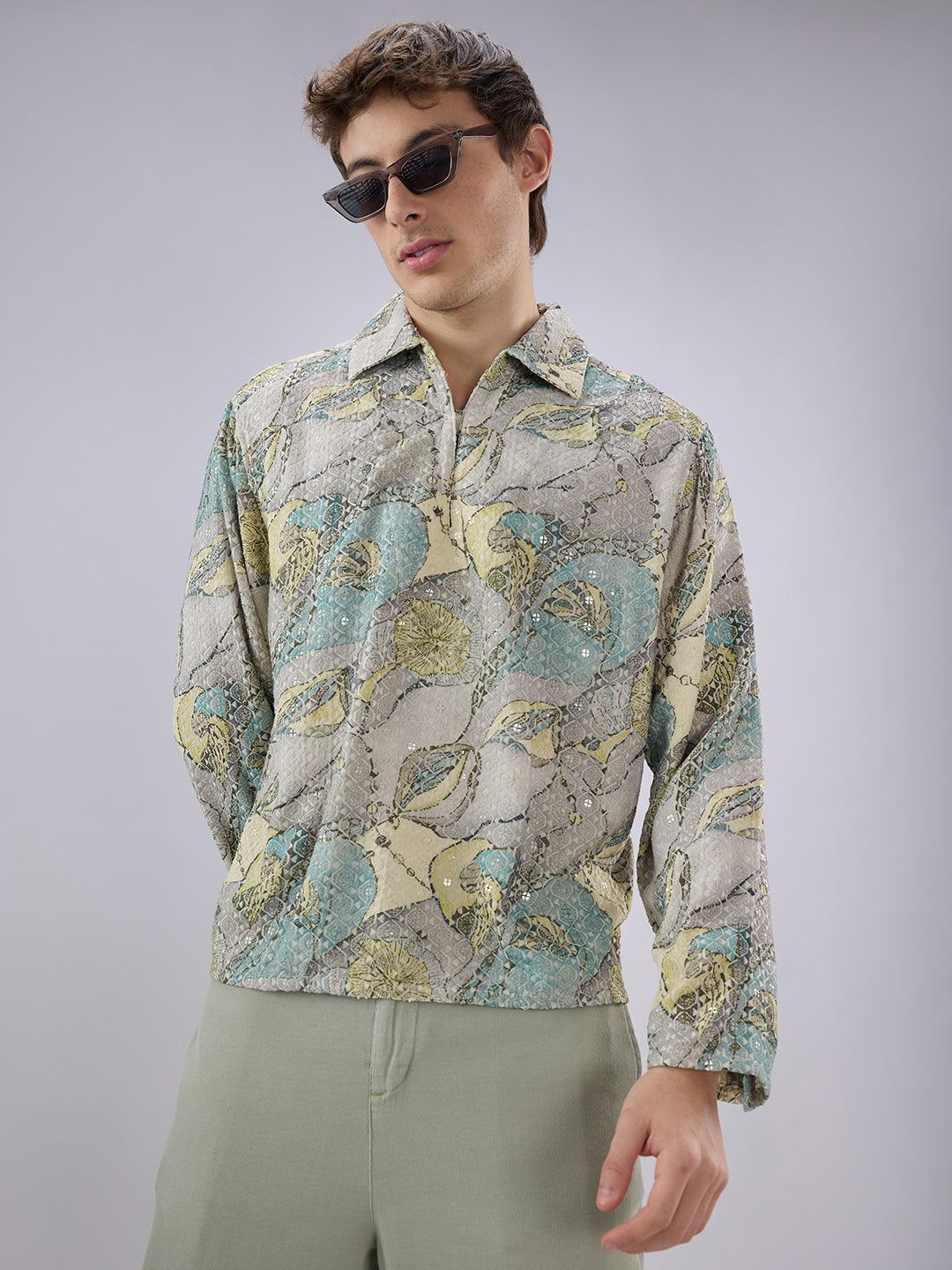 Utsav Spark Grey Sequin Embroidered Cuffless Oversized Shirt