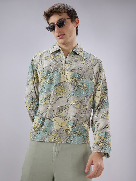 Utsav Spark Grey Sequin Embroidered Cuffless Oversized Shirt