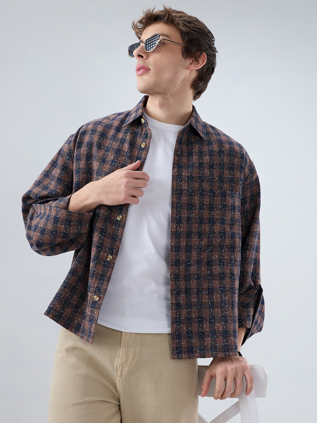 Raunak Edit Glossy Navy & Brown Checked Oversized Crop Shirt