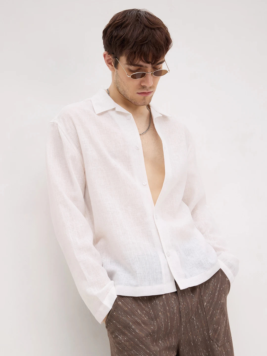 Off-White Sheer Textured Notch Collar Oversized Vacation Shirt