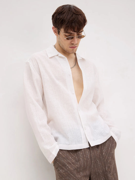 Off-White Sheer Textured Notch Collar Oversized Vacation Shirt