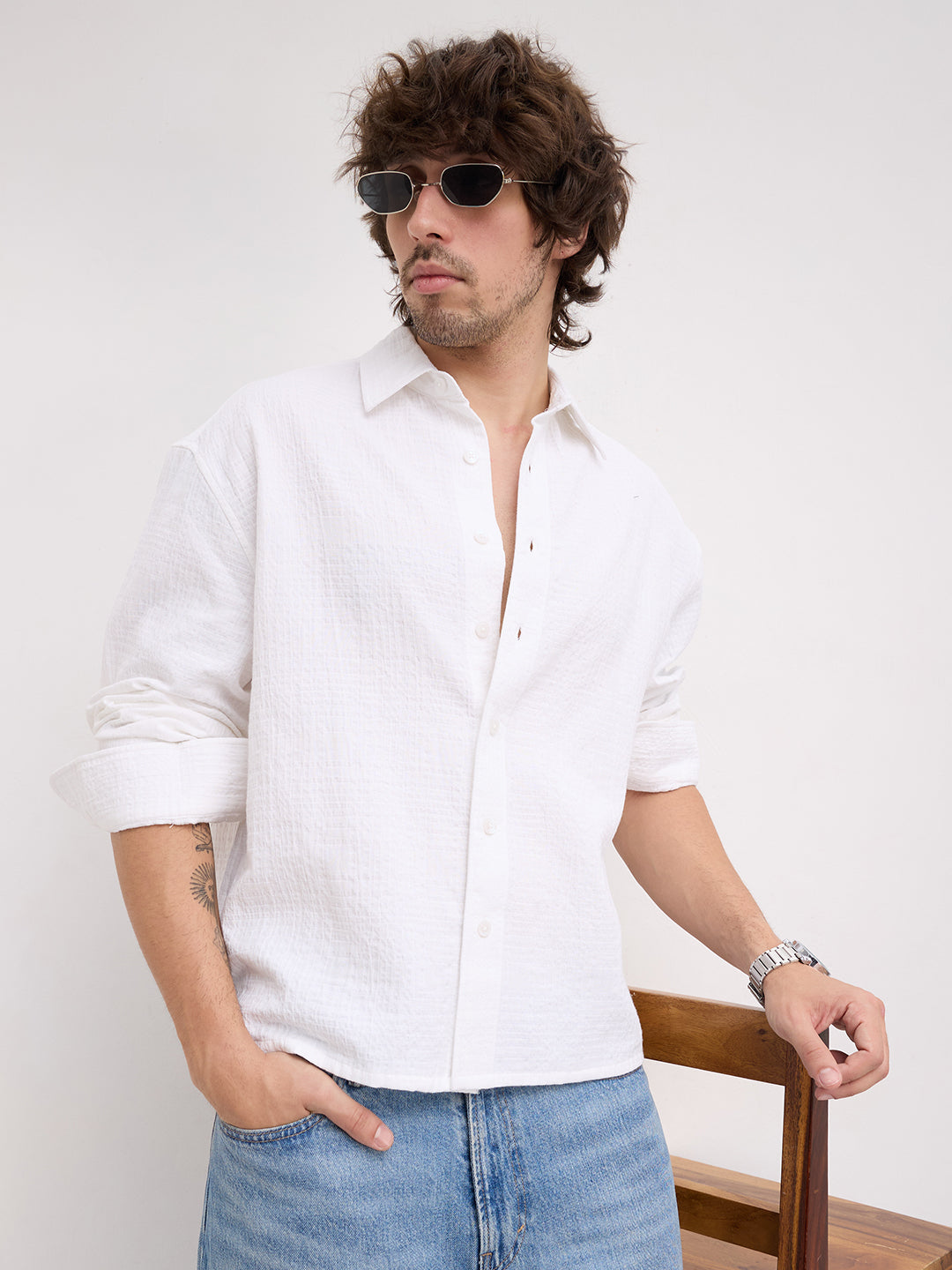Intricate Pearl White Geometric Textured Boxy Fit Crop Shirt