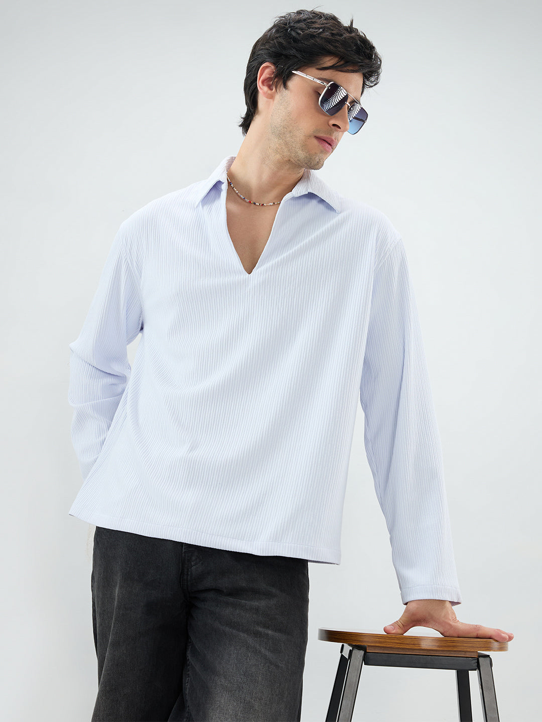 Soft Blue Precision Rib Striped Oversized Polo Knitted Shirt