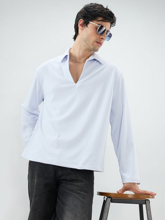 Soft Blue Precision Rib Striped Oversized Polo Knitted Shirt