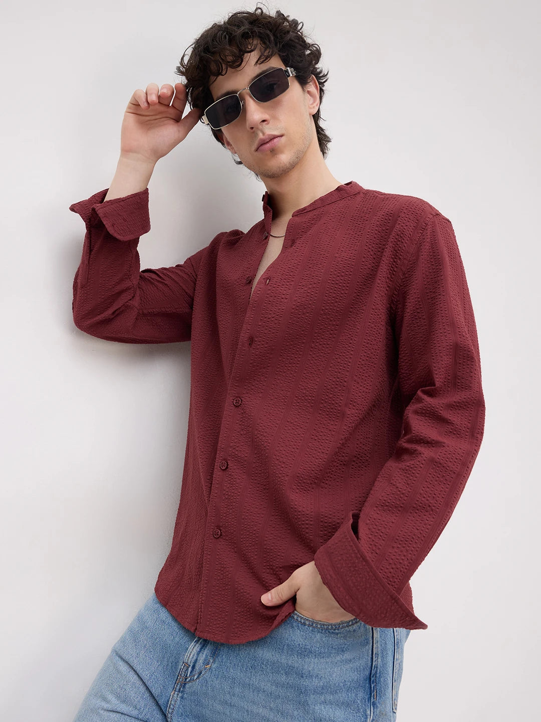 Brick Red Seersucker Striped Mandarin Shirt