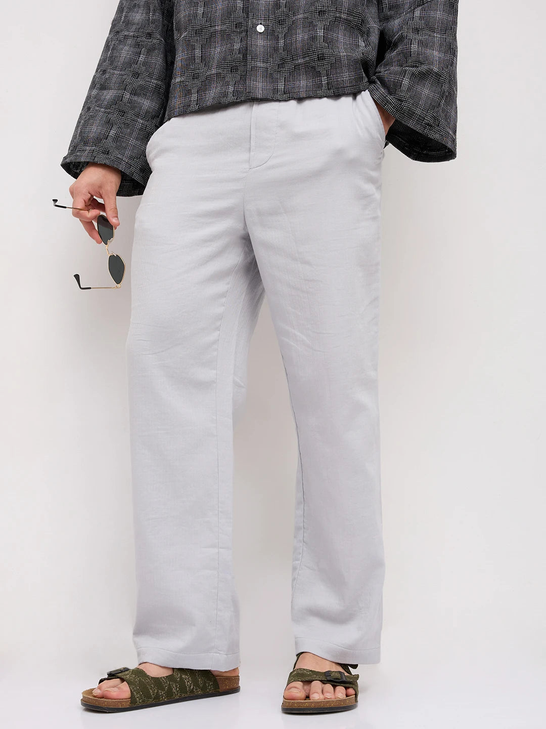 Grey Fine Herringbone Textured Straight Fit Trousers