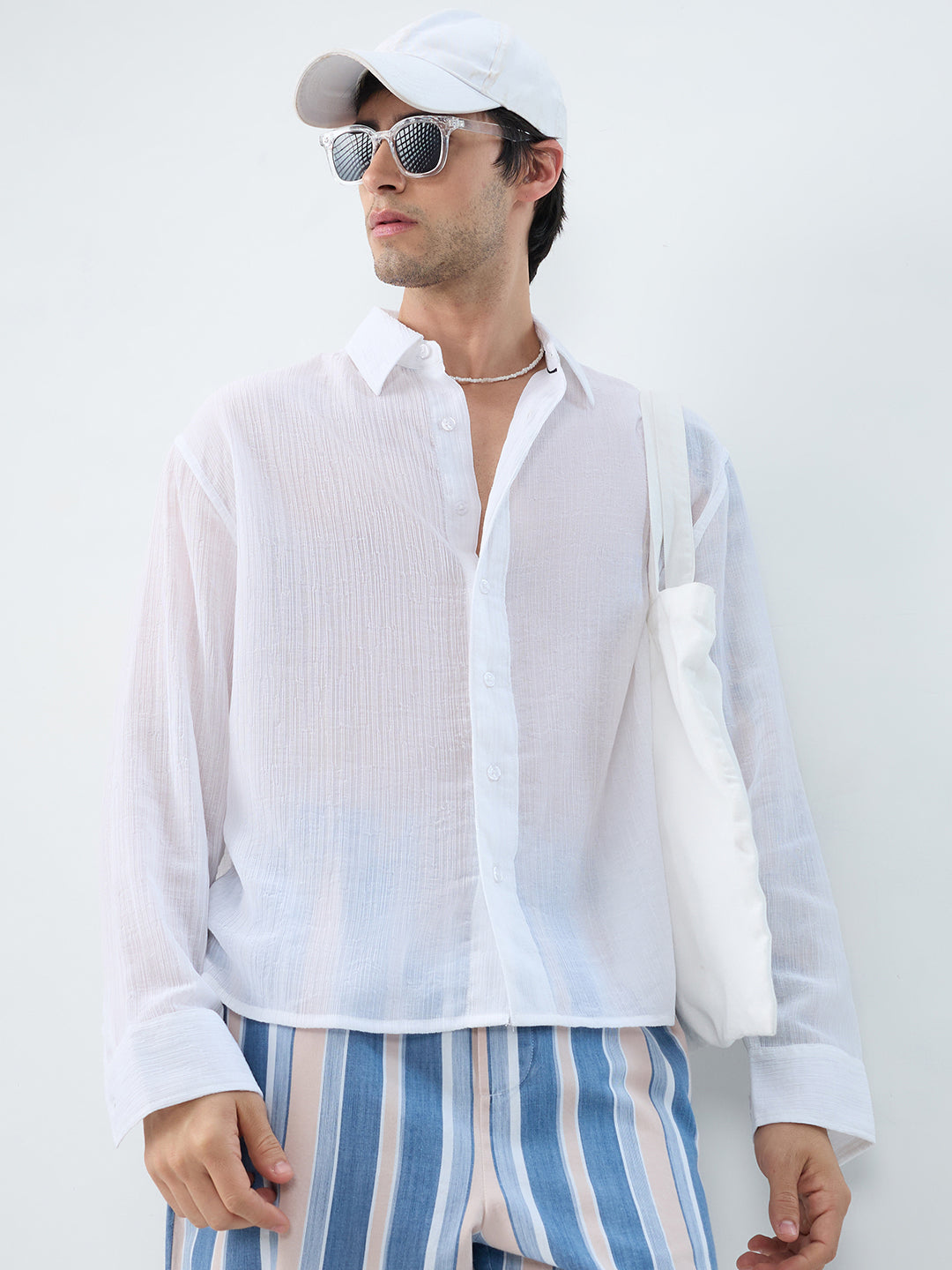 Pure White Classic Sheer Crepe Boxy Fit Crop Shirt