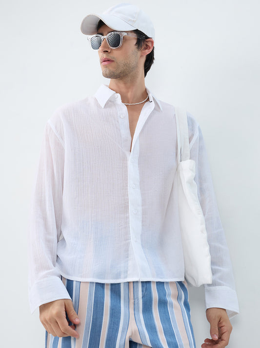 Pure White Classic Sheer Crepe Boxy Fit Crop Shirt