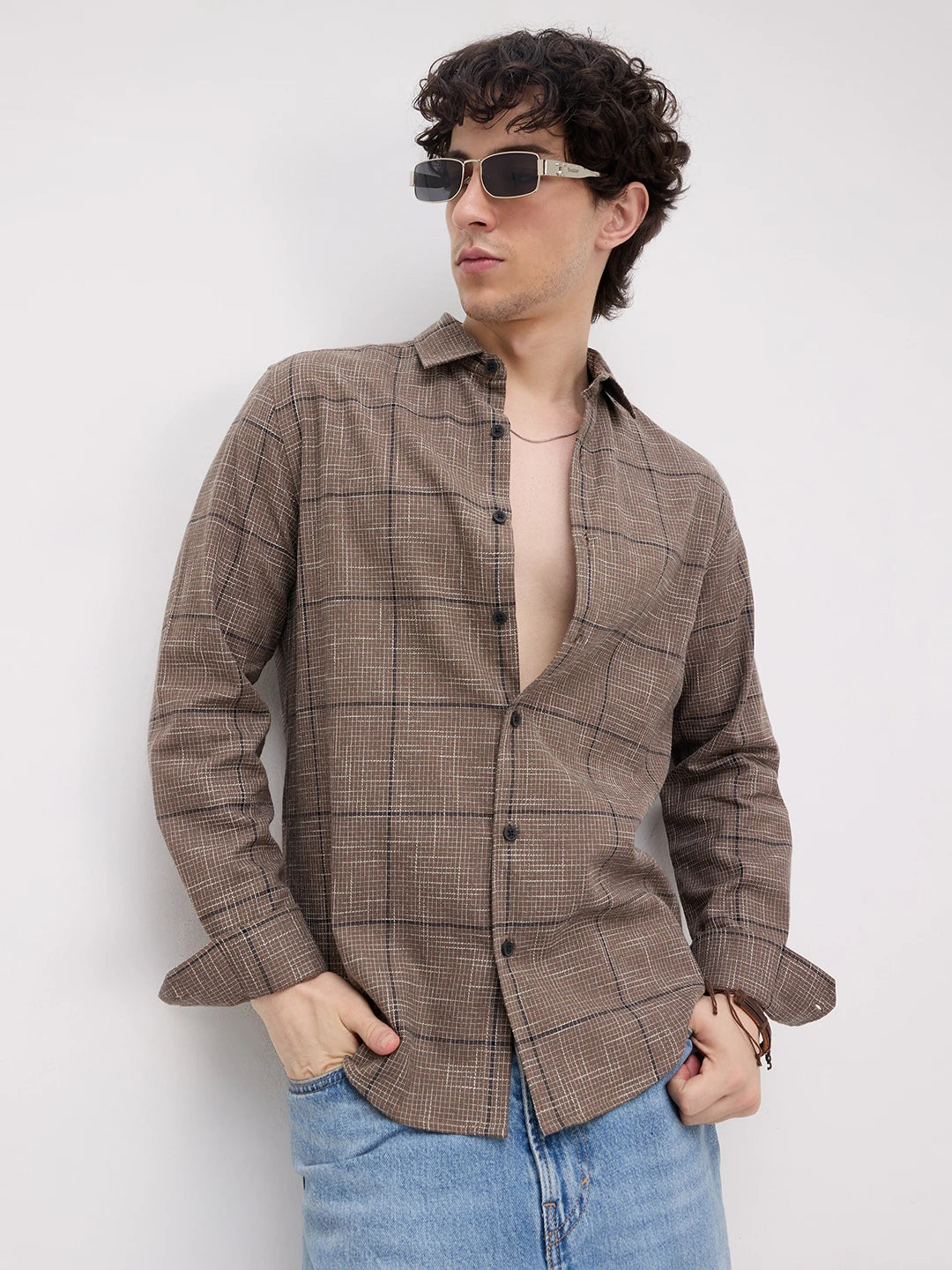 Russet Brown Contrast Windowpane Checks Shirt