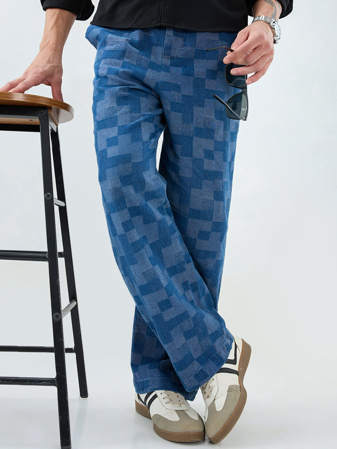 Elegant Denim Blue Box Checks Acid Wash Straight-Fit Trousers
