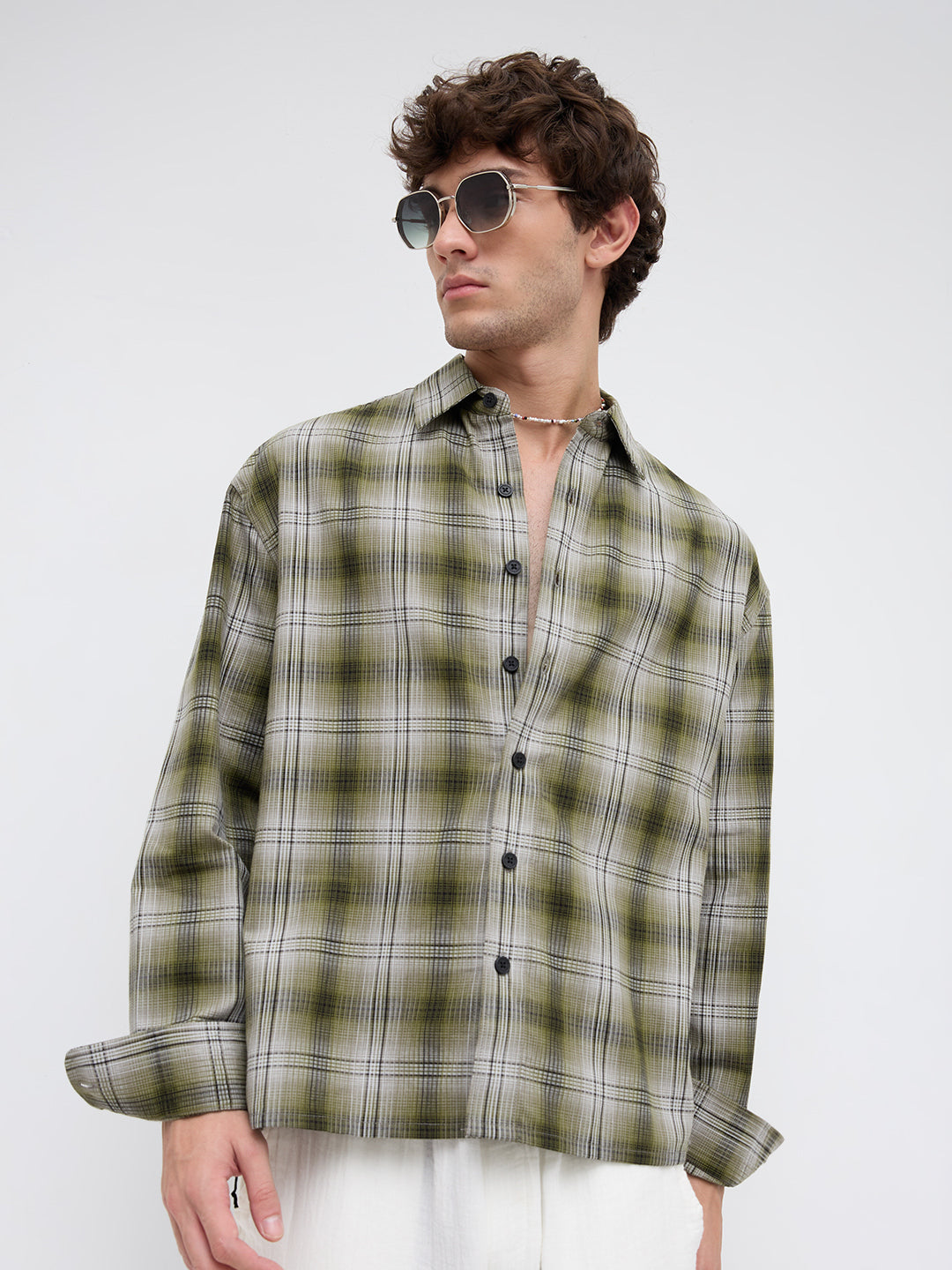 Forest Echo Plaid Checks Boxy Fit Crop Shirt