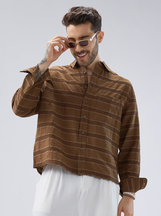 Coffee Brown Textured Boxy Fit Crop Shirt