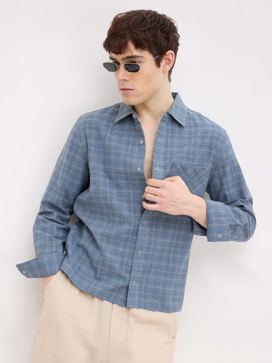 Blue Loomscape Checks Straight Hem Crop Shirt