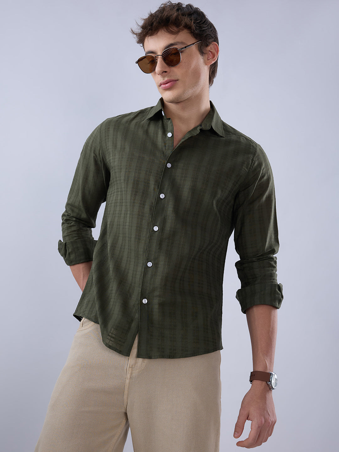 Army Green Textured Striped Shirt