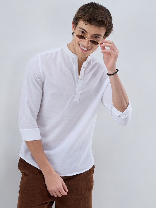 Pearl White Slub Textured Linen Blend Kurta