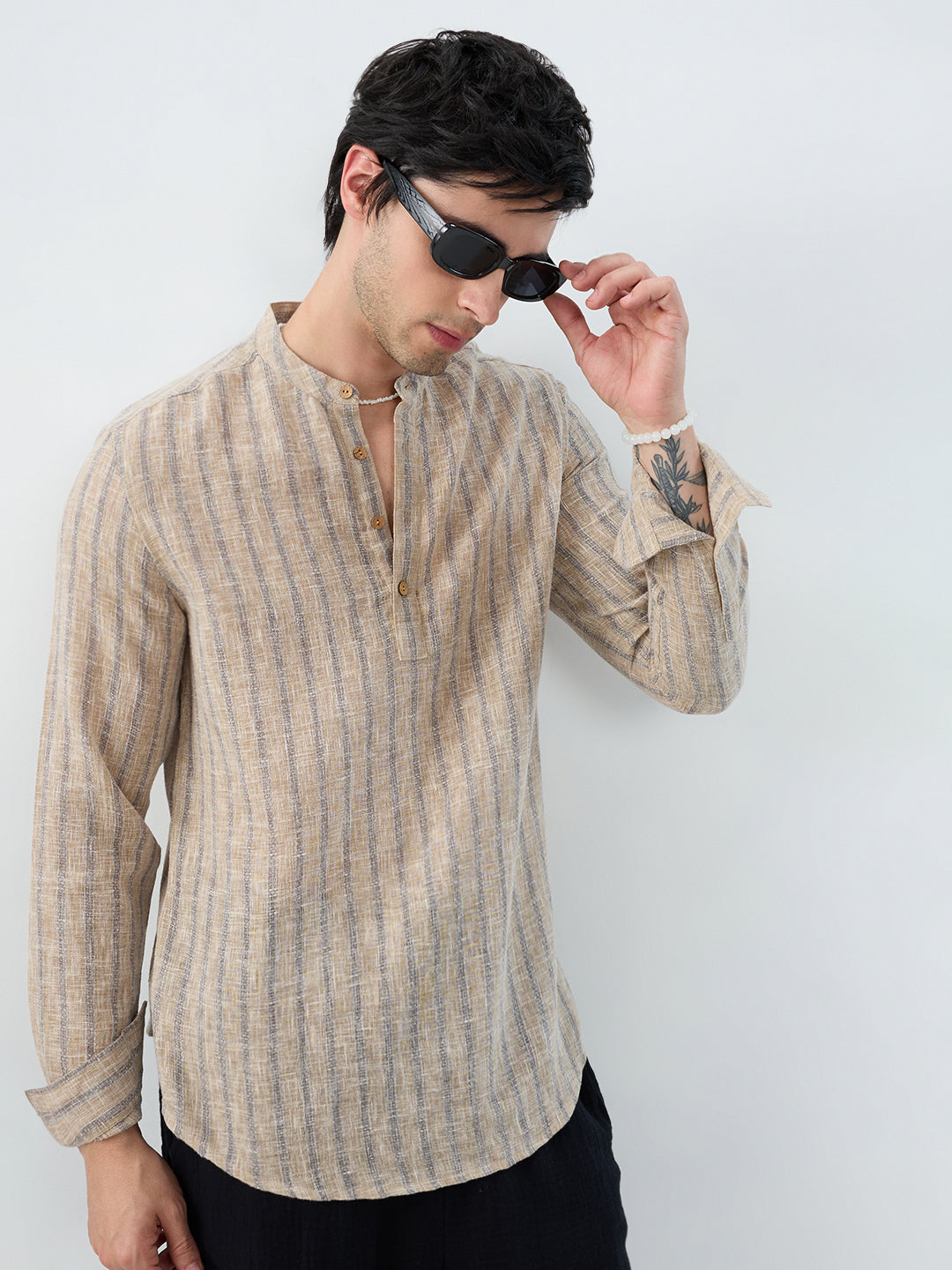 Minimalist Beige Multi-Stripe Burlap Linen Blend Kurta
