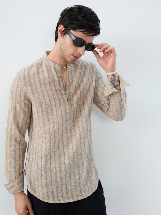 Minimalist Beige Multi-Stripe Burlap Linen Blend Kurta