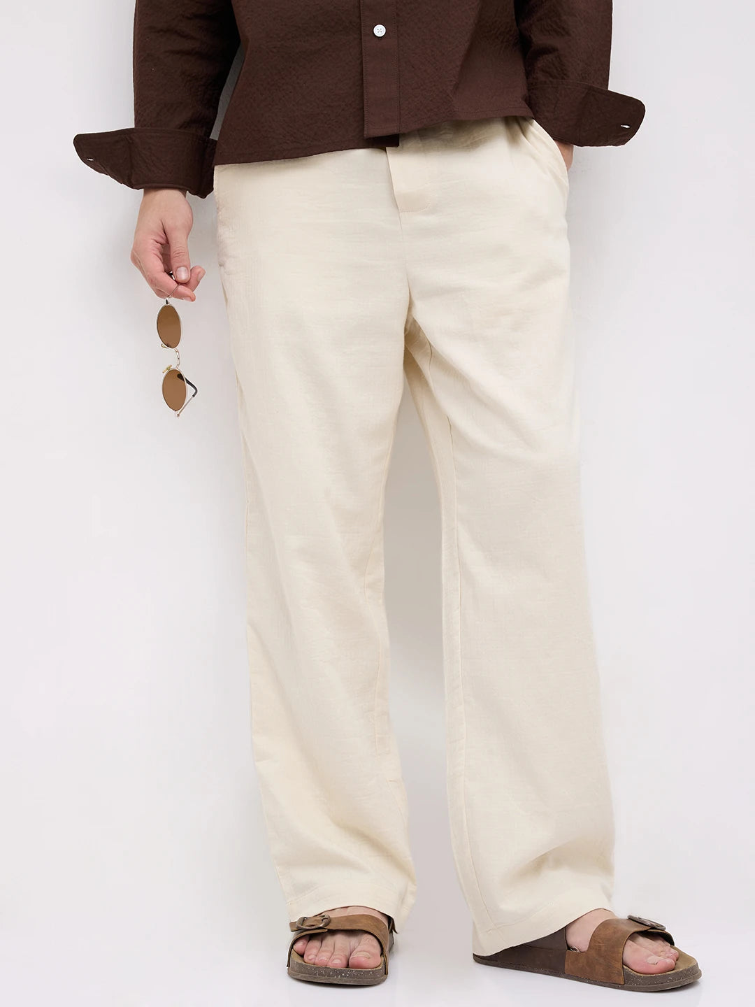 Cream Herringbone Textured Straight Fit Trousers