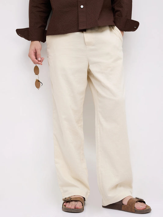 Cream Herringbone Textured Straight Fit Trousers