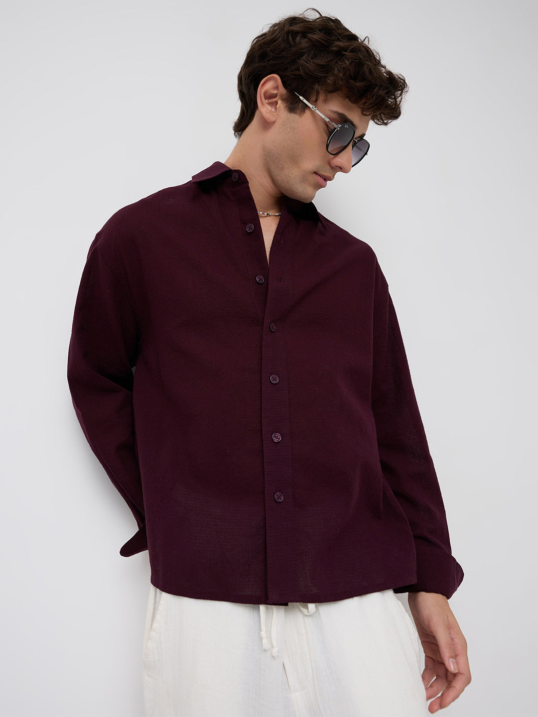 Wine Micro Jacquard Weave Boxy Fit Crop Shirt