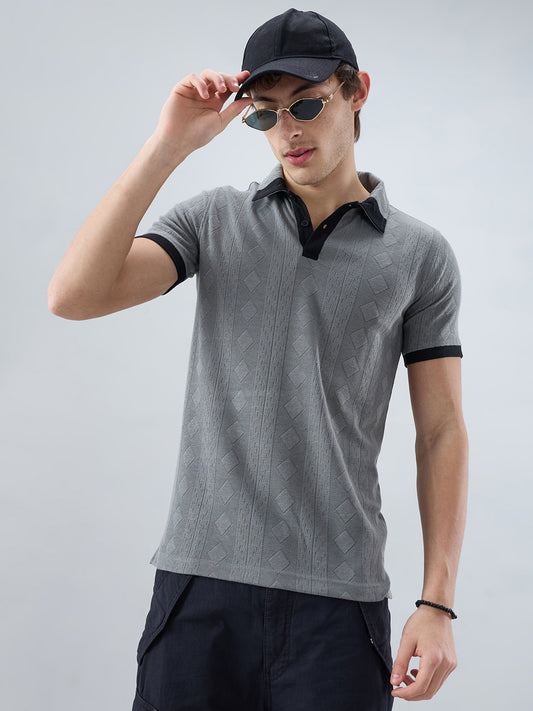 Zinc Grey Contrast Polo Neck Diamond Weave Knit T-shirt