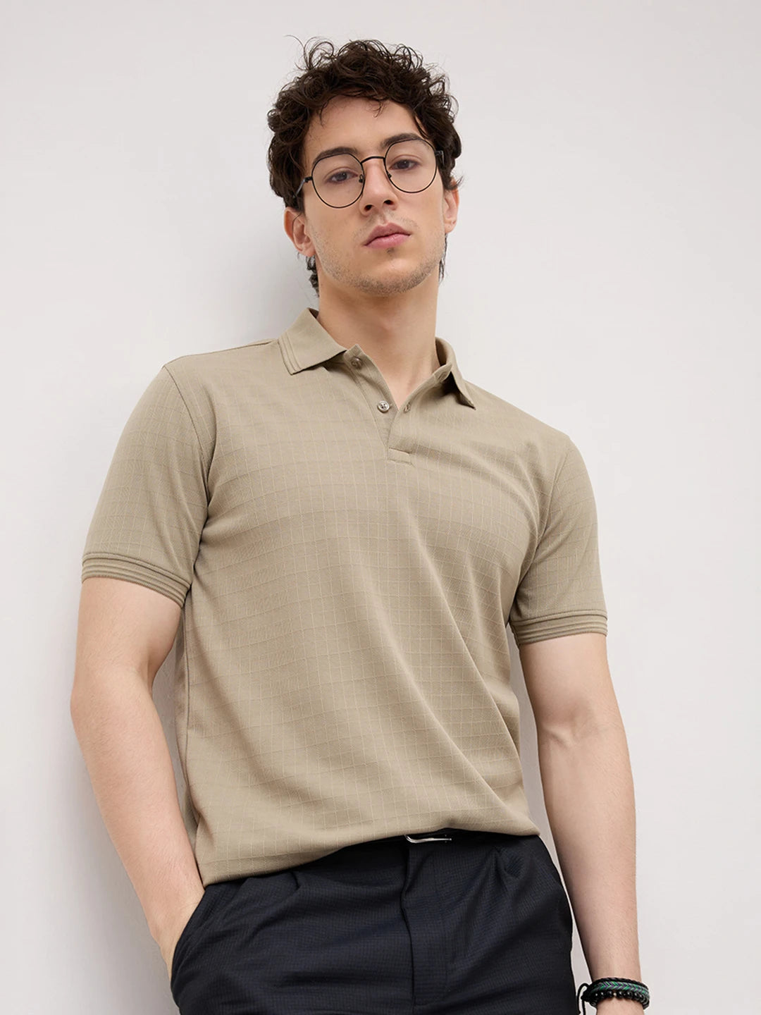 Soft Beige Checks Weave Polo Tee