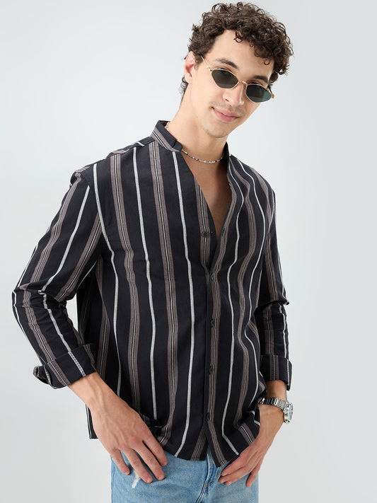 Black & Grey Striped Stand Collar Oversized Shirt