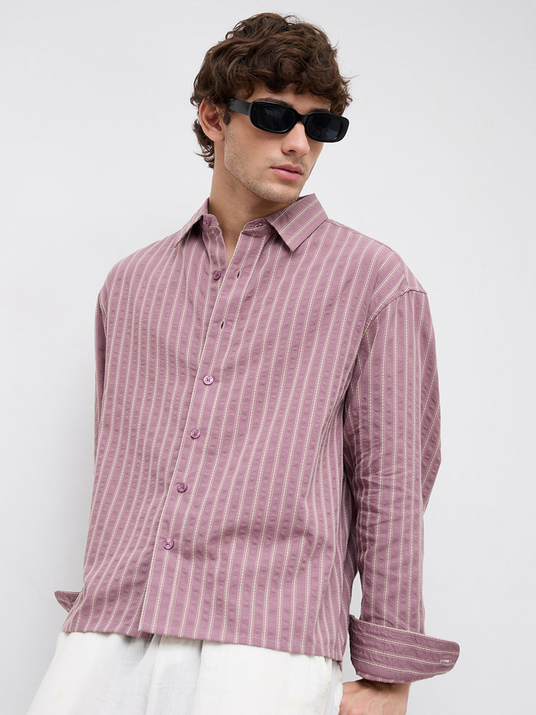 Raspberry Glace Seersucker Contrast Embroidered Boxy Fit Crop Shirt