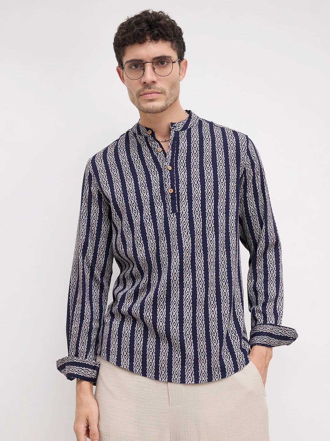 Navy & White Ethnic Motifs Printed Kurta