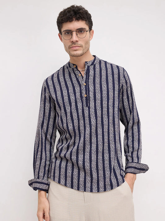 Navy & White Ethnic Motifs Printed Kurta