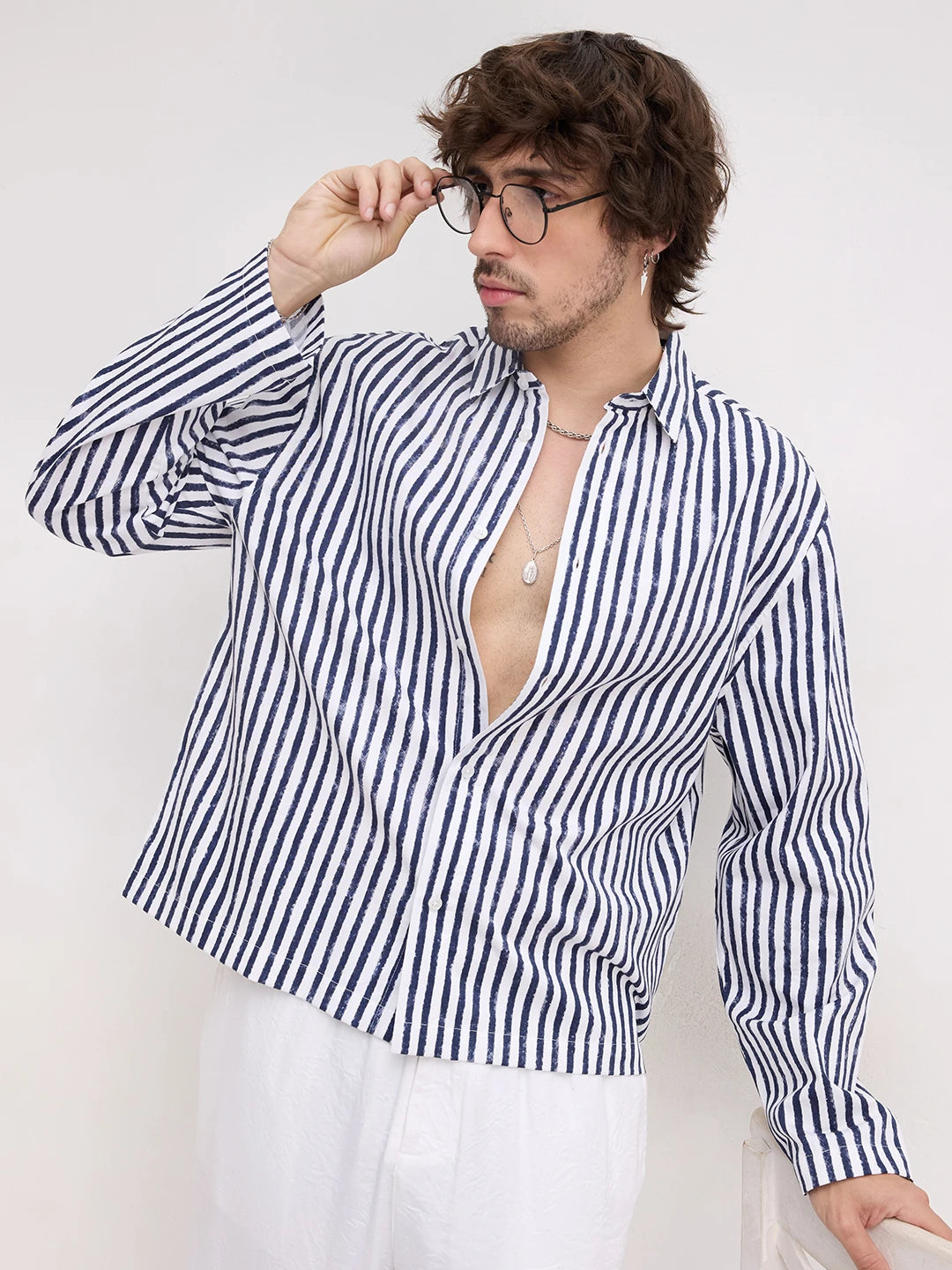 Navy Brushed Striped Weekend Escape Cuffless Oversized Shirt