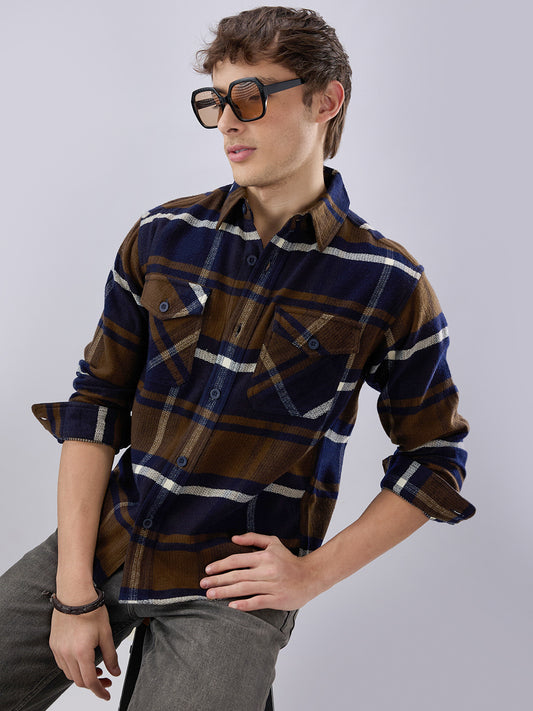 Walnut Brown & Navy Plaid Checks Double Pocket Flannel Shirt