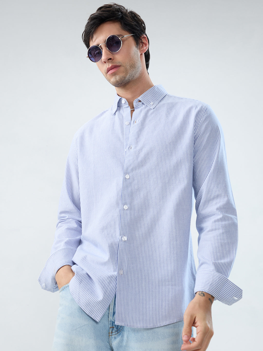 Marine Blue Pinstripe Button-Down Collar Shirt