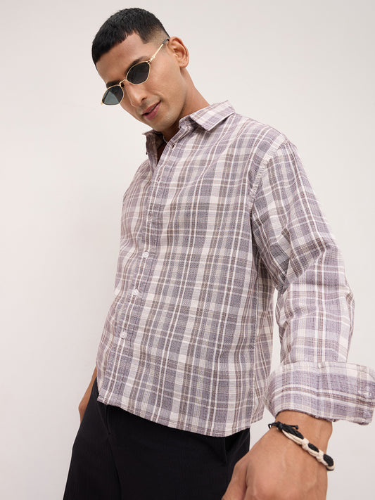 Ivory & Maroon Dual Line Checks Boxy Fit Crop Shirt