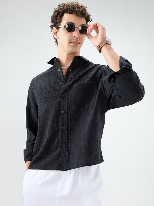Deep Black Grid Jacquard Weave Boxy Fit Crop Shirt