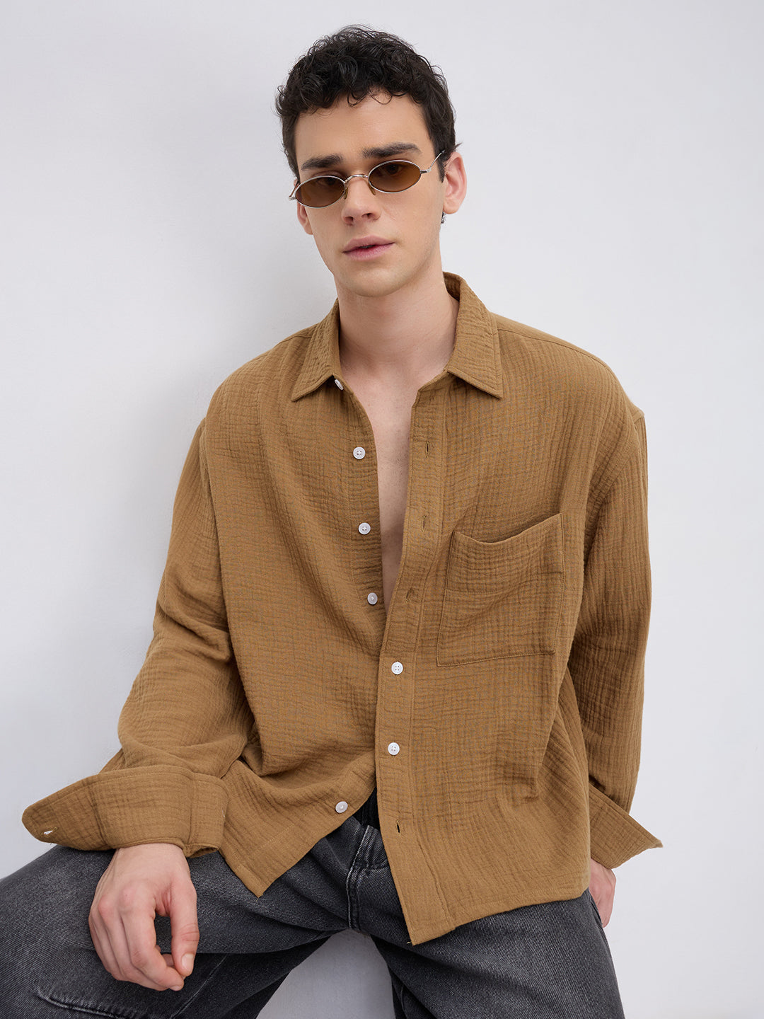 Timeless Tan Brown Double Cloth Boxy Fit Crop Shirt
