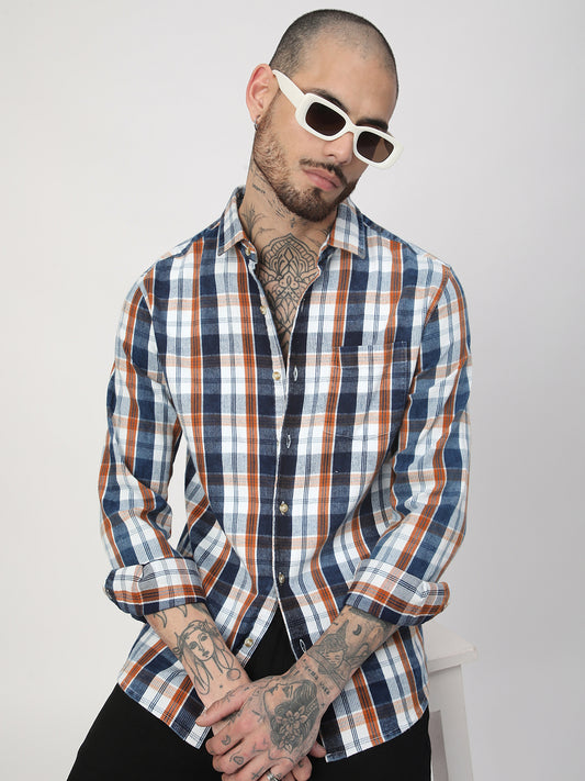 Denim Orange & Navy Plaid Checks Shirt