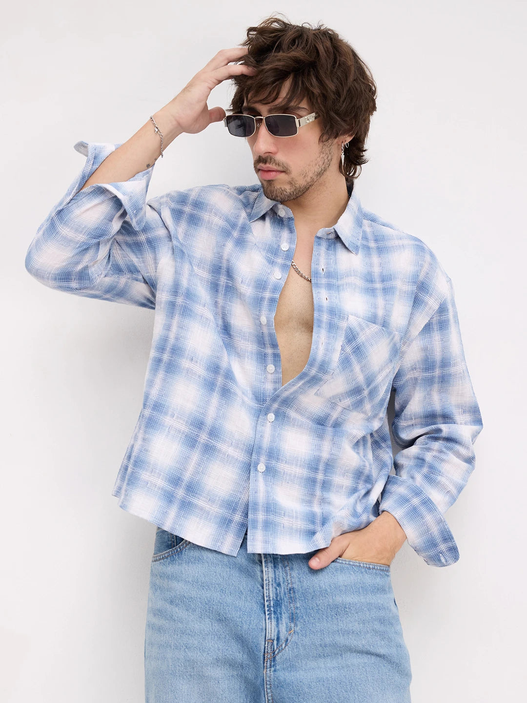 Blue Shadow Checks Handloom Effect Boxy Fit Crop Shirt