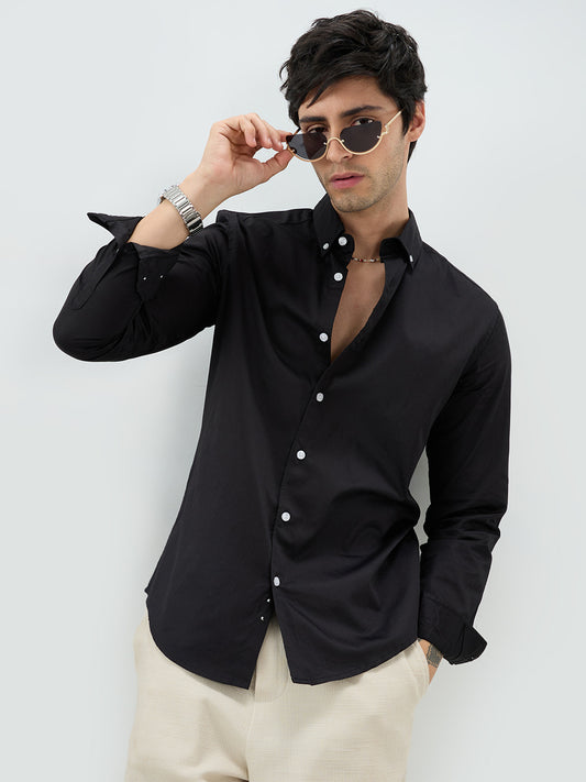 Jet Black Satin Button-Down Collar Luxe Shirt
