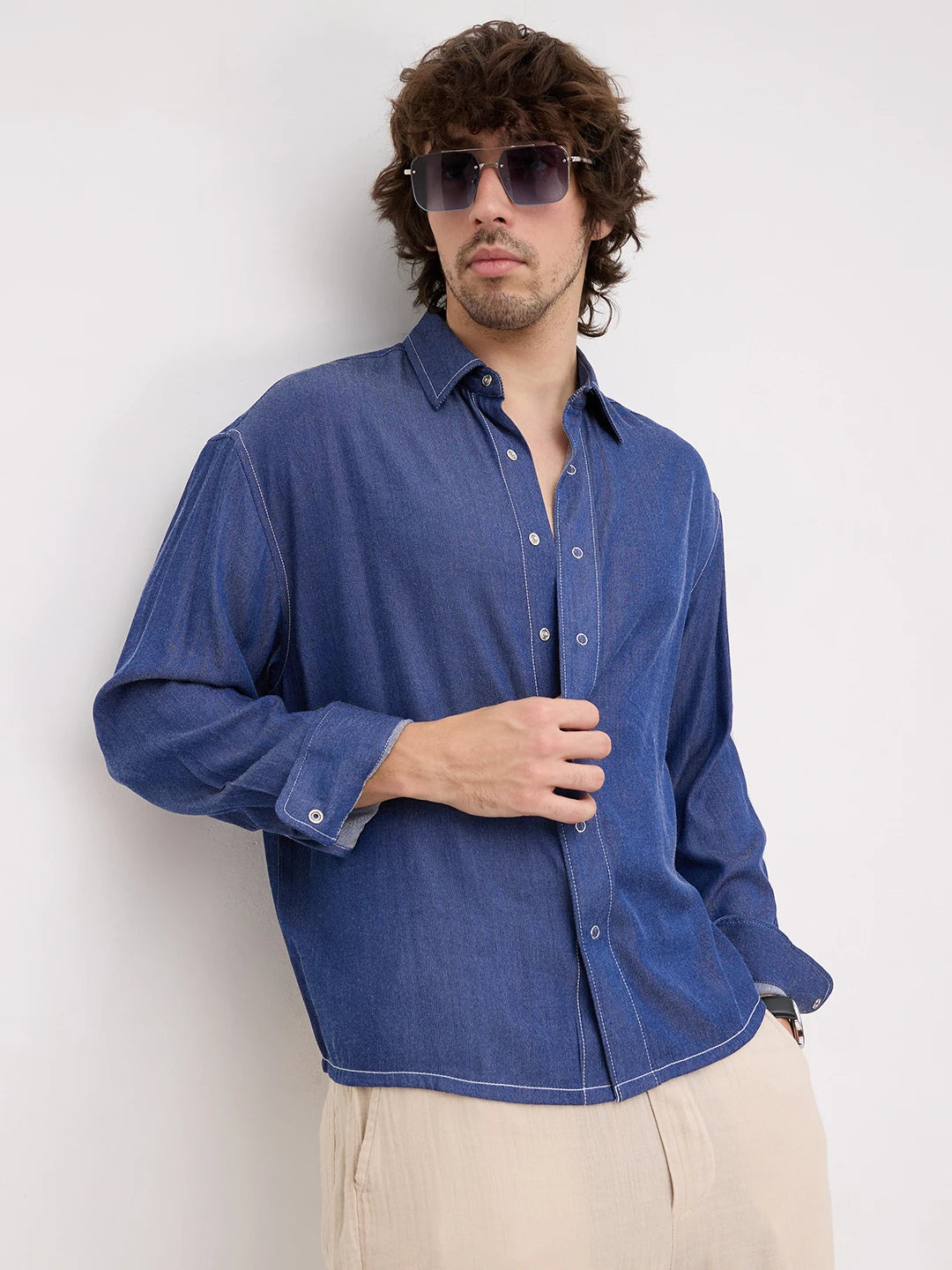 Navy Soft Sheen Woven Contrast Stitch Boxy Fit Crop Shirt
