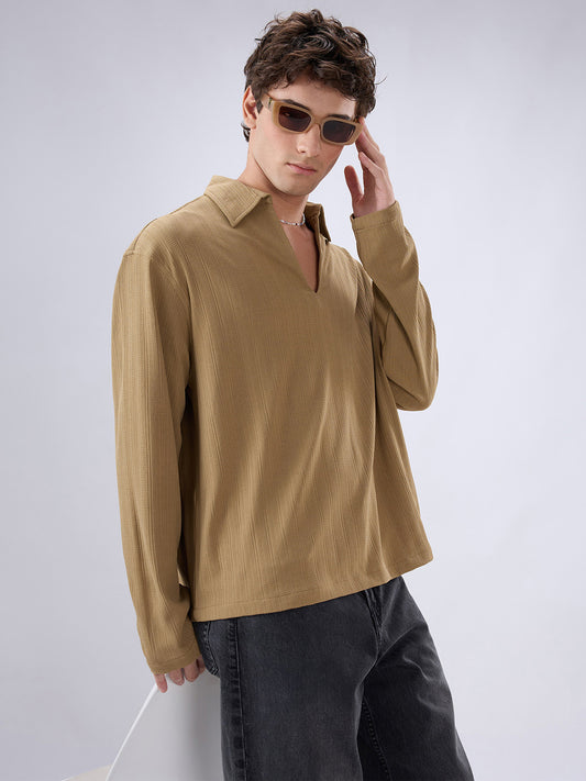 Soft Khaki Ribbed Textured Polo Oversized Knitted Shirt