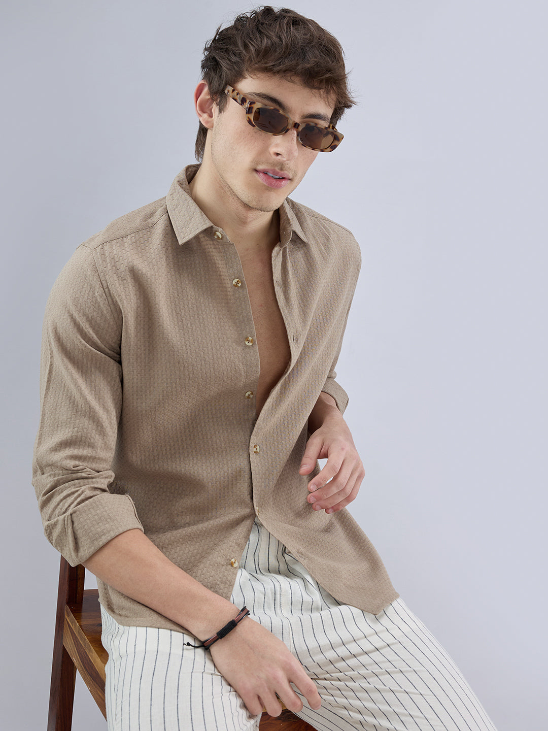 Warm Tan Beige Refined Textured Shirt