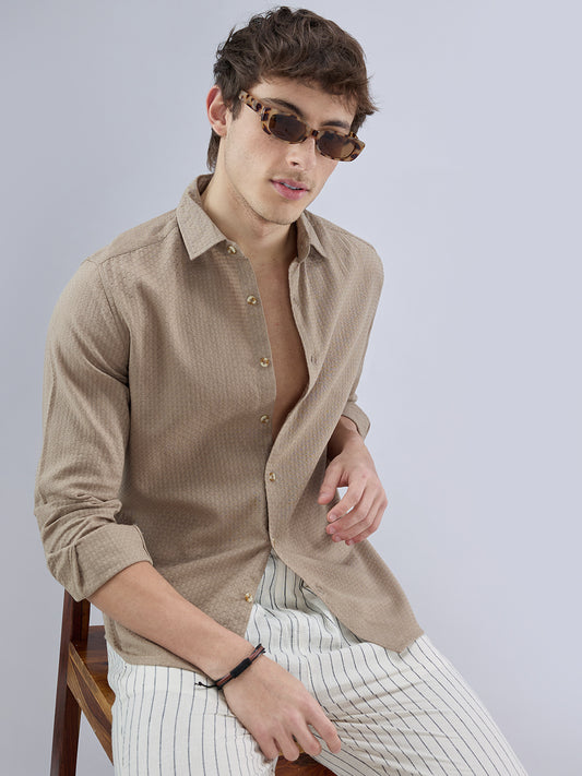 Warm Tan Beige Refined Textured Shirt