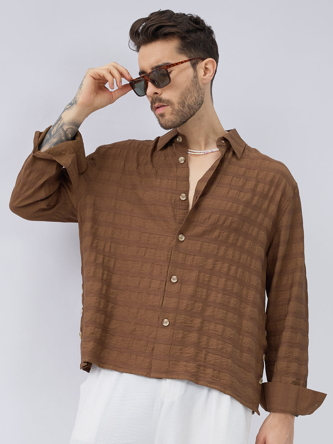Brown Tonal Textured Side Slit Button Boxy Fit Crop Shirt
